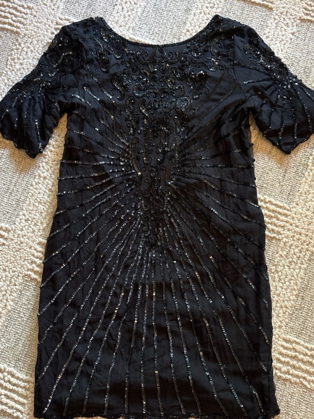 Beaded Black Short-Sleeve Midi Dress